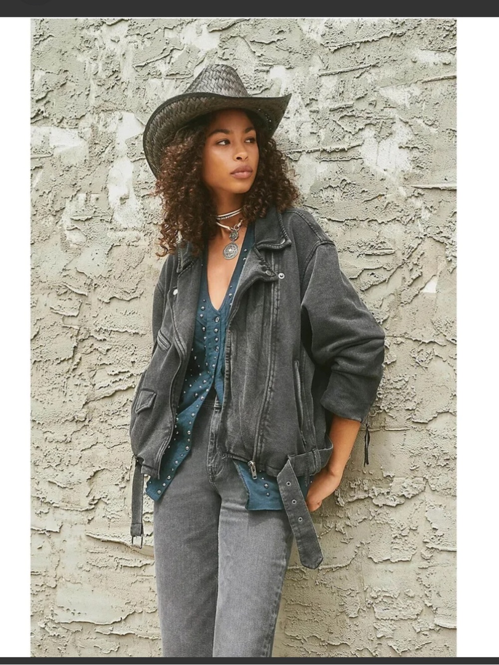 Free People Oversized Motorcycle Jacket Washed Black Moto KNIT Sz S